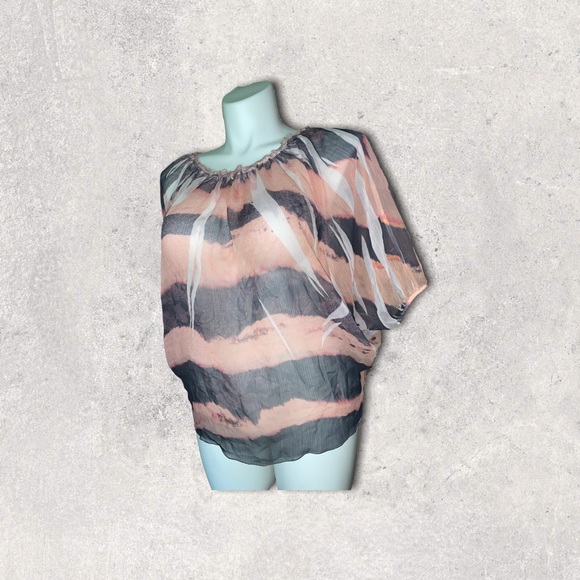 Robin K Sheer Batwing Blouse Pink Black Striped Top Size M Flowy Boho Chic - Picture 8 of 13